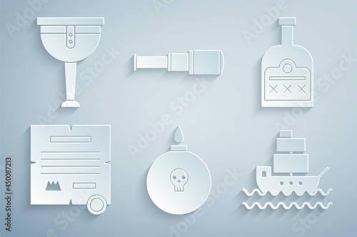 Set Bomb ready to explode, Alcohol drink Rum bottle, Decree, parchment, scroll, Ship, Spyglass telescope lens and Wooden pirate leg icon. Vector