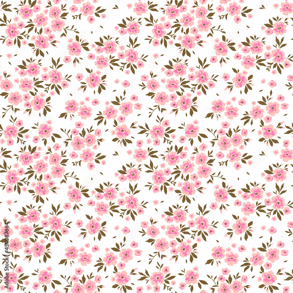 Beautiful floral pattern in small abstract flowers. Small rose pink flowers. White background. Ditsy print. Floral seamless background. The elegant the template for fashion prints. Stock pattern.