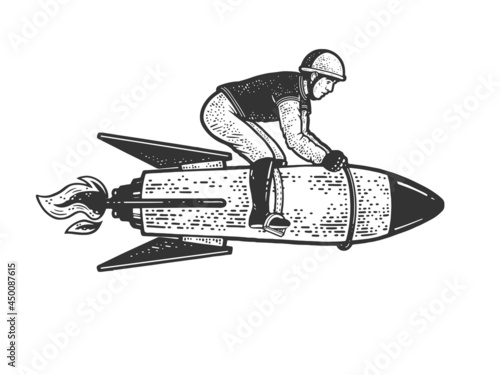 Tablou canvas rider jockey riding military rocket sketch engraving vector illustration