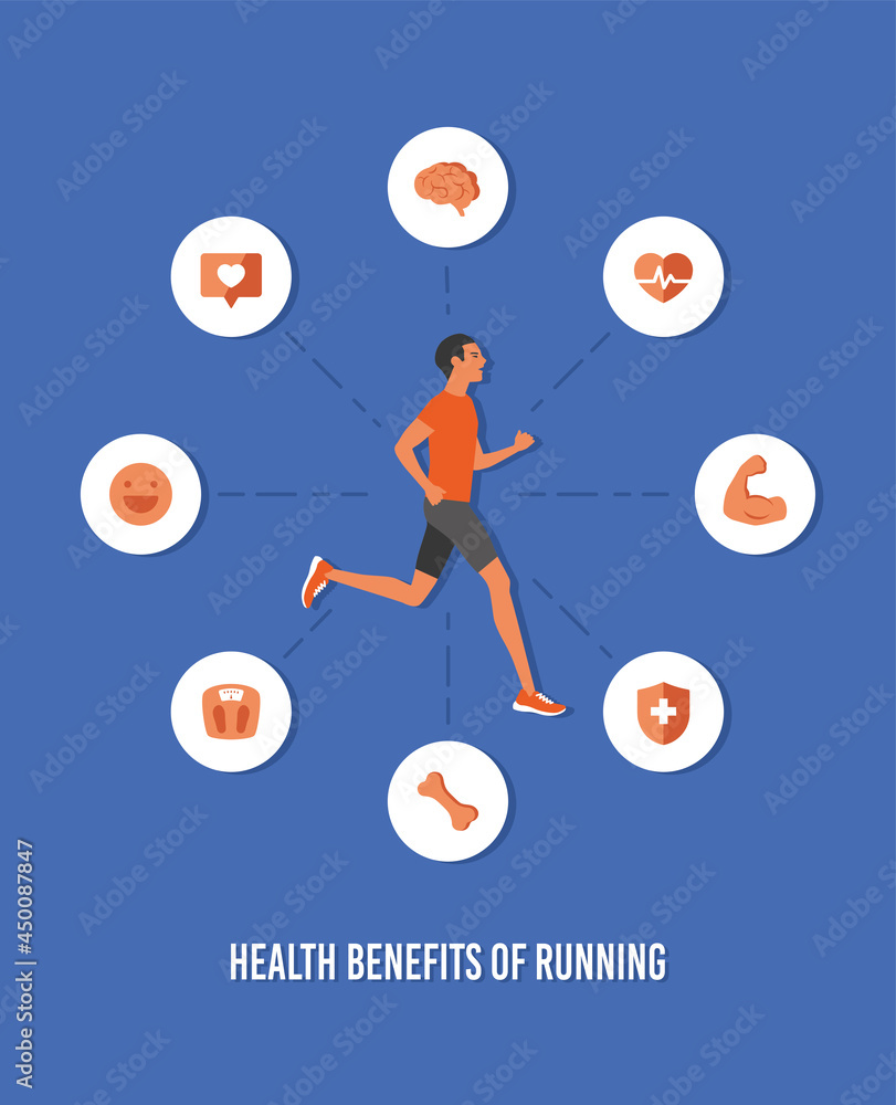 Man and useful activity, icons. Sportive boy runs, training. Positive