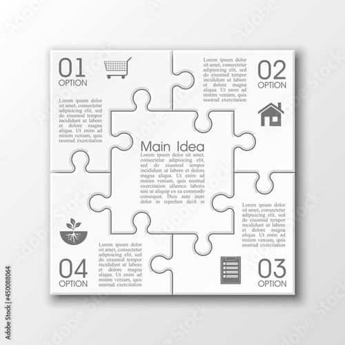 Four sided 3d puzzle presentation. Abstract puzzle infographic template with explanatory text field for business statistics. Vector four pieces puzzles illustration
