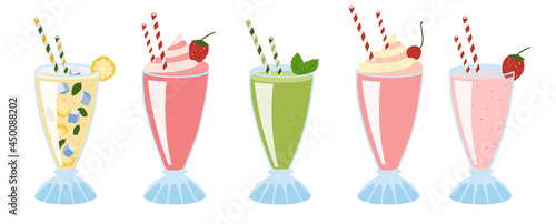 Milkshakes, lemonade, and green vegetable smoothies. Vector Illustration. Flat Style.