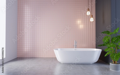 Interior bathroom pink wall tile with white bathtub. and empty space.3d rendering