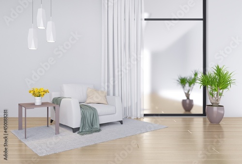 Indoor plants on steel coffee table and armchairs on white background with mirrored windows. Relaxing area in modern living room - home interior 3d illustration