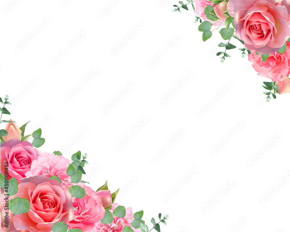 美しい色使いの薔薇の花と植物の白バックフレームイラスト素材
