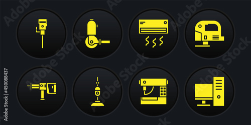 Set Rotary hammer drill machine, Electric jigsaw, Vacuum cleaner, Sewing, Air conditioner and Angle grinder icon. Vector