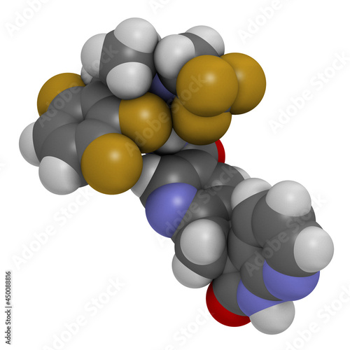 Atogepant migraine drug molecule (CGRP inhibitor). 3D rendering. photo