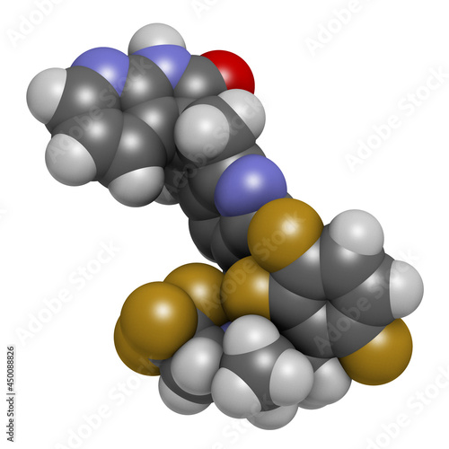 Atogepant migraine drug molecule (CGRP inhibitor). 3D rendering. photo
