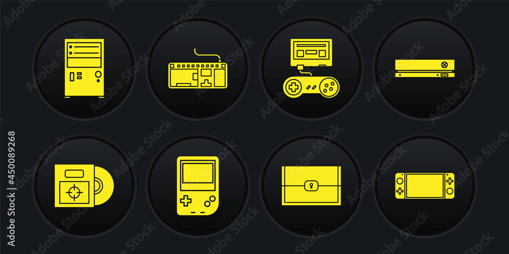 Set CD or DVD disk in box, Video game console, Portable video, Chest for, Game with joystick, Computer keyboard, and icon. Vector Set CD or DVD disk in box, Video game console, Portable video, Chest for, Game with joystick, Computer keyboard, and icon. Vector