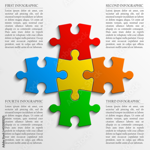 Four sided 3d puzzle presentation. Abstract puzzle infographic template with explanatory text field for business statistics. Vector four pieces puzzles illustration