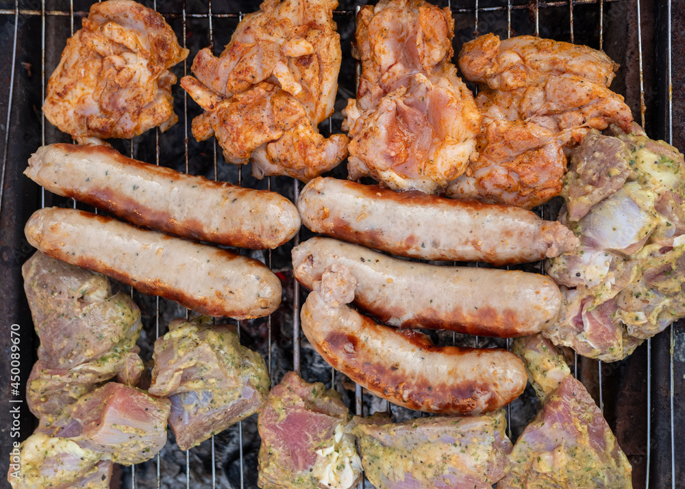 Grilled meat sausages, meat, food preparation. Grilled meat sausages, meat, food preparation.