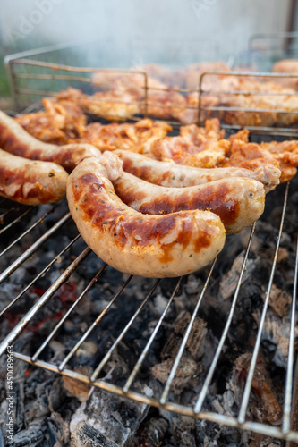Grilled meat sausages, meat, food preparation.