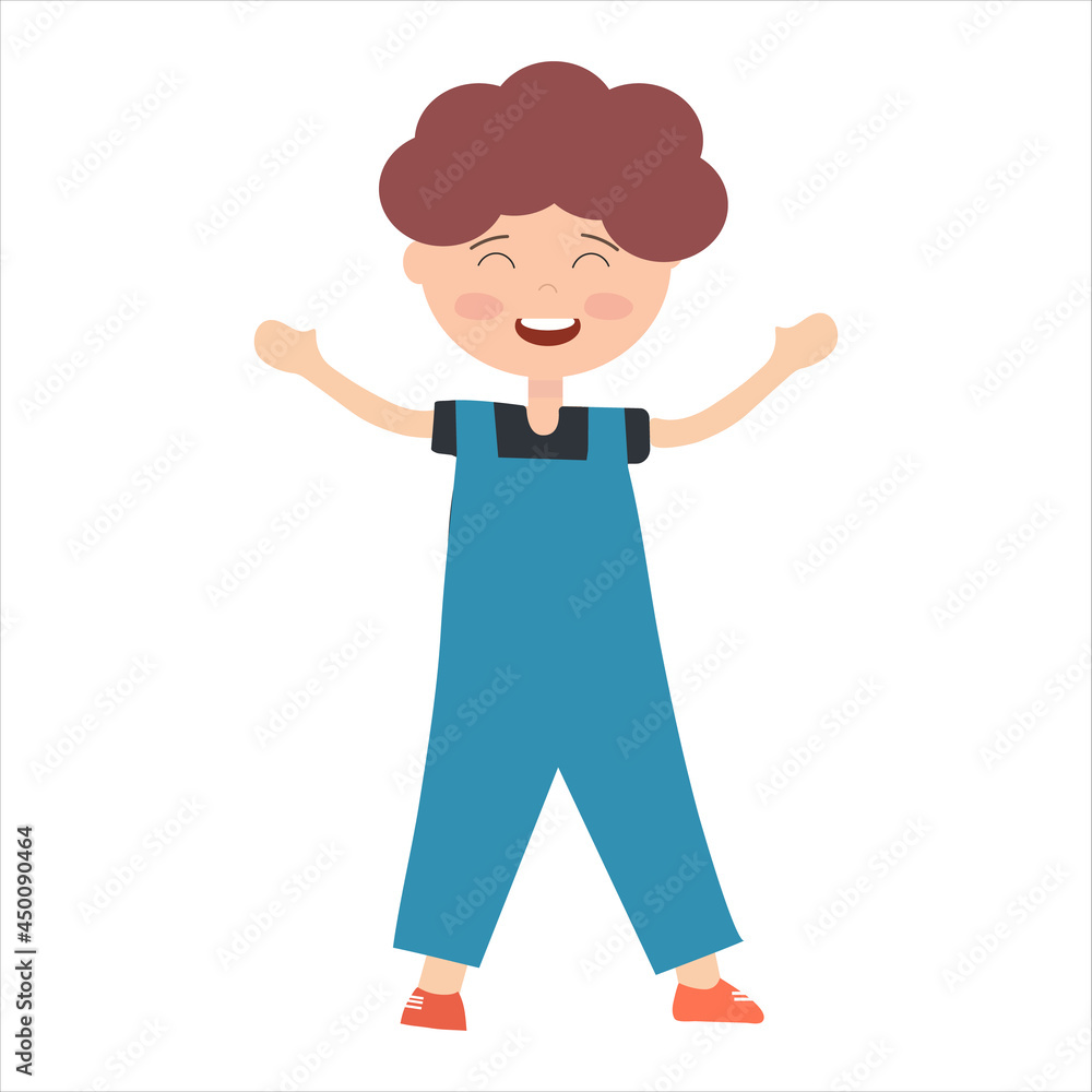 A happy boy in a blue jumpsuit on a white background for use in clipart or web design