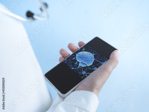 Doctor shows in the mobile phone app with a hologram of the person and the internal organs. photo and 3d render