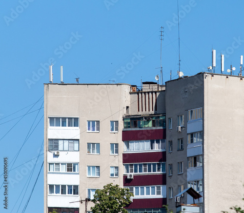 Moscow, Russia - 03 August 2021: Moscow, view of a multi-storey building from below to the sky.