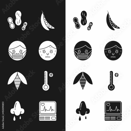 Set Man with excessive sweating, Face protective mask, Peanut, Kidney beans, Bee, Medical digital thermometer, Monitor cardiogram and Runny nose icon. Vector