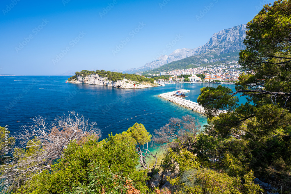 view on blue adriatic sea in Makarska and Biokovo mountain , Dalmatia region of Croatia