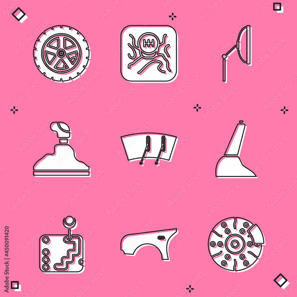 Set Car wheel, Gear shifter, Windscreen wiper, handbrake, and fender icon. Vector Set Car wheel, Gear shifter, Windscreen wiper, handbrake, and fender icon. Vector