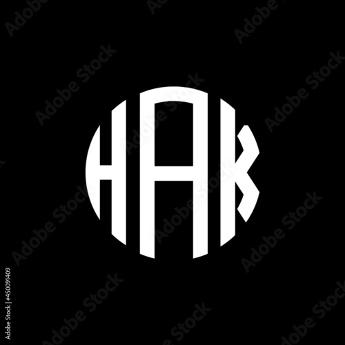HAK letter logo design. HAK modern letter logo with black background. HAK creative letter logo. simple and modern letter HAK logo template, HAK circle letter logo design with circle shape. HAK © SabrinShaka