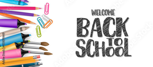 School banner or header. Stationery supplies on white background with lettering. Realistic 3d vector illustration.