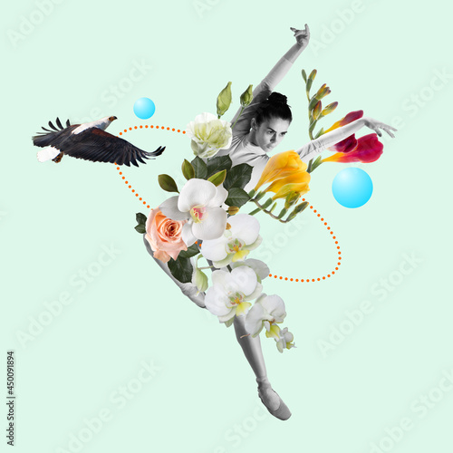 Dancing woman a ballet dancer or performer with flowers. Copyspace. Modern design. Contemporary art collage