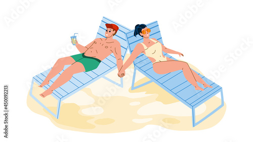 Couple Sunbathe Enjoy On Sea Beach Together Vector. Young Man Drinking Cocktail And Enjoying With Woman Couple Sunbathe. Characters Summer Vacation Relaxation On Seashore Flat Cartoon Illustration