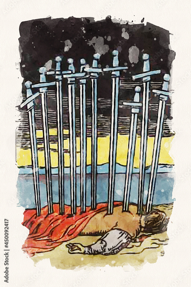 Stockillustratie Ten Of Swords Tarot Card Painting In Watercolor Style
