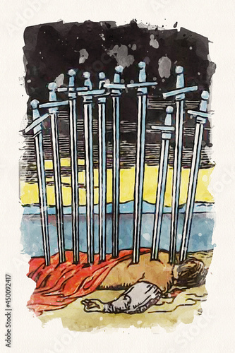 Ten Of Swords Tarot Card Painting In Watercolor Style | Surreal Art Of A Man Stabbed In The Back | Tarot Card Meaning Betrayal, Unforeseen Disaster,  and Failure. photo