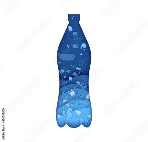 Plastic Bottle from hole with garbage underwater in paper cut style. Blue ocean waves with whale fish crab turtle and other marine animals . 3d realistic vector background for environmental poster