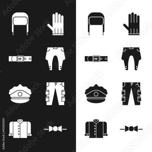 Set Pants, Leather belt, Winter hat with ear flaps, glove, Police cap cockade, Cargo pants, Bow tie and T-shirt icon. Vector