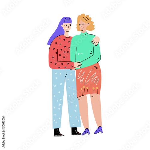Two lovely friends hug and hold hands. Close female friendship. Same-sex relationships. Flat vector illustration drawn by hand