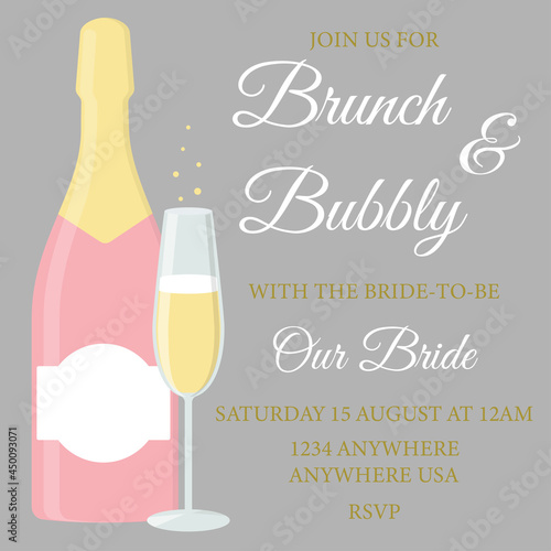 Brunch and bubbly. Bridal shower invitation with glass of champagne and pink bottle on grey background.