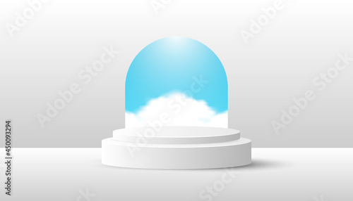White Product Podium with cloud on blue sky. Suitable For Web Banners, Diagrams, Infographics, Book Illustration, Social Media, and Other Graphic Assets