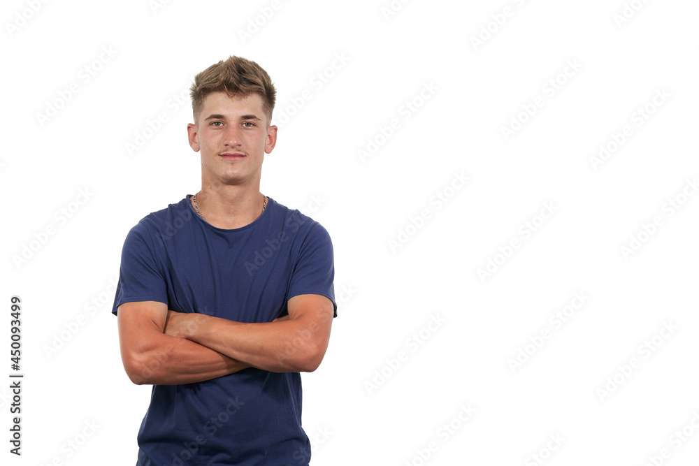portrait of handsome and young man isolated, dressed casual in blue t-shirt. White pure background portrait of handsome and young man isolated, dressed casual in blue t-shirt. White pure background