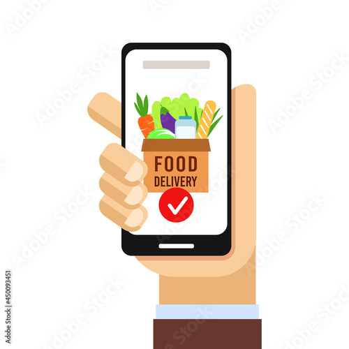 Food ordering by phone, food delivery online, modern vector illustration