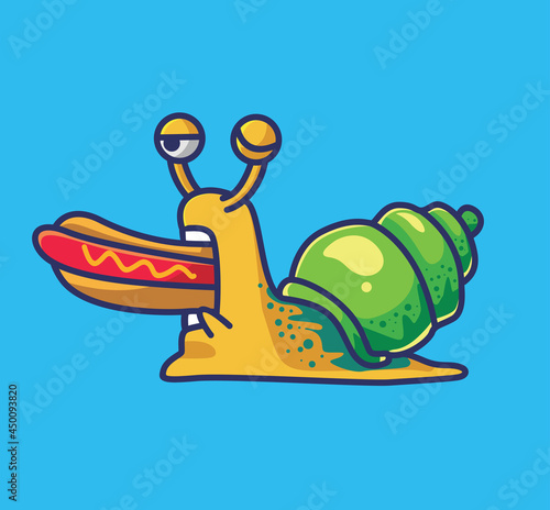 Cute hungry snail-eating a hotdog. Animal Isolated Cartoon Flat Style Icon illustration Premium Vector Logo Sticker Mascot
 photo