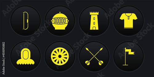 Set Medieval hood, Body armor, Old wooden wheel, crossed arrows, Castle tower, iron helmet, flag and bow icon. Vector