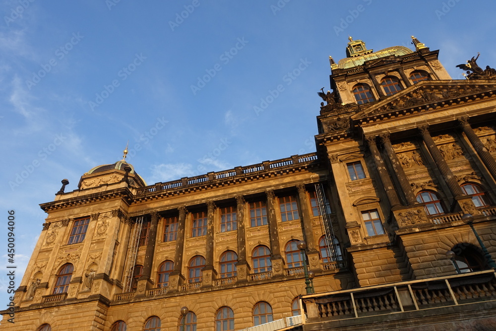 National Museum with sunset, a Czech museum institution intended to systematically establish, prepare, and publicly exhibit natural scientific and historical collections