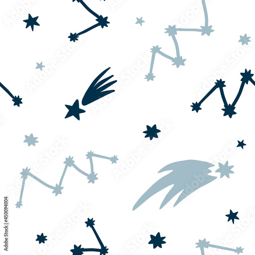 Vector space seamless pattern with hand drawn cosmic elements: star, constellations, comets. Flat kids vector illustration on white background.