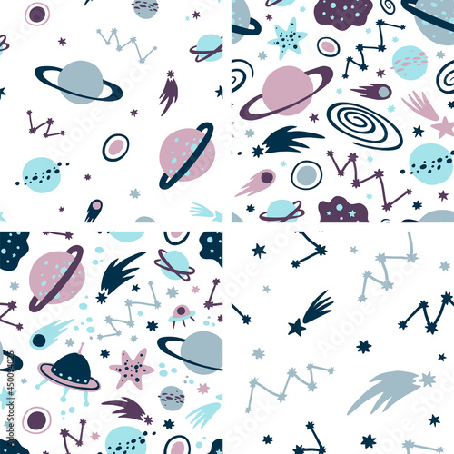 Set of four seamless space patterns with hand drawn cosmic elements: star, planet, constellations, comets, galaxies. Flat kids vector illustration on white background.