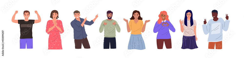 Group of diverse happy people of different races and nationalities in different poses standing together on white background. Cheerful cartoon characters set. Flat vector illustration Group of diverse happy people of different races and nationalities in different poses standing together on white background. Cheerful cartoon characters set. Flat vector illustration