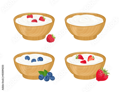 White yogurt with berry in  wooden bowl. Vector illustration of Greek yogurt with raspberry, strawberry and blueberry. Cartoon flat style.