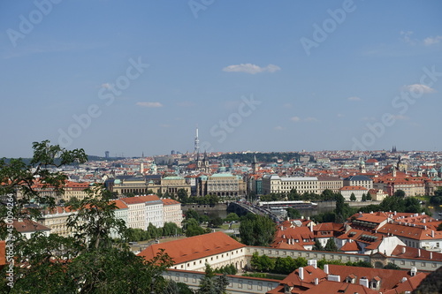 view from Prague Castle with red roof in summer, a castle in Prague, Czech Republic, built in the 9th century. The official office of the President of the Czech Republic
