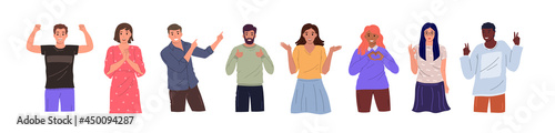 Group of diverse happy people of different races and nationalities in different poses standing together on white background. Cheerful cartoon characters set. Flat vector illustration