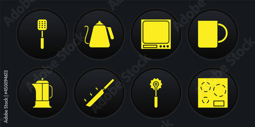 Set French press, Coffee cup, Frying pan, Pizza knife, Electronic scales, Kettle with handle, Electric stove and Spatula icon. Vector