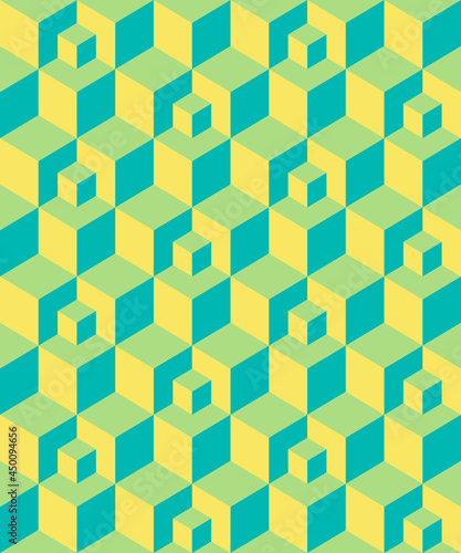 Abstract background seamless geometric pattern. Cube shape, diamond shape. Yellow green blue color. Surface design for apparel, textile, tile, cover, poster, flyer, banner, wall. Vector illustration.