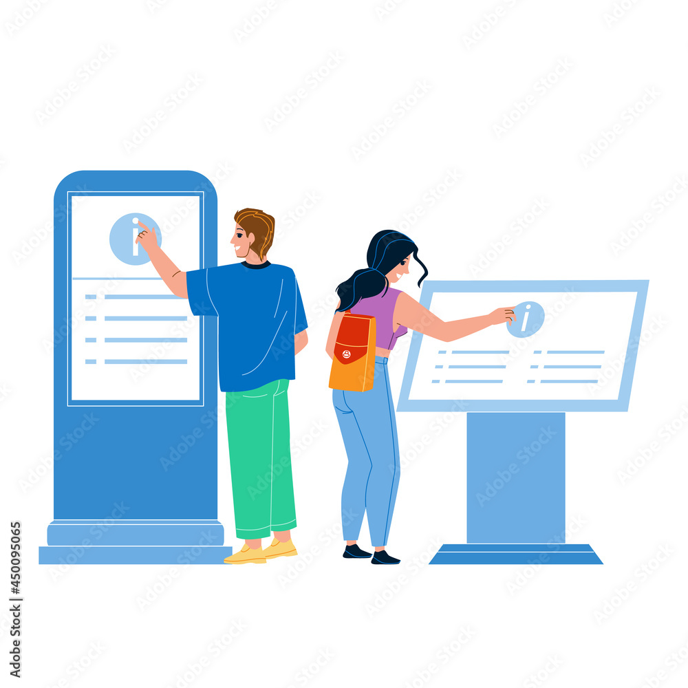 Info Kiosk Using People For Get Information Vector. Young Man And Woman Use Interactive Info Kiosk Service, Click Display With Touchscreen Technology. Characters Flat Cartoon Illustration