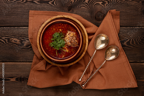 Kharcho soup, traditional Georgian dish, top view, no people, selective focus, rustic style,