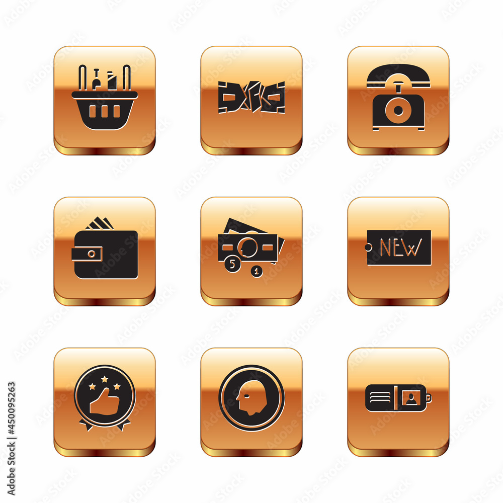 Set Shopping basket and food, Consumer or customer product rating, Coin money, Stacks paper cash, Wallet with, Telephone, and Crumpled icon. Vector