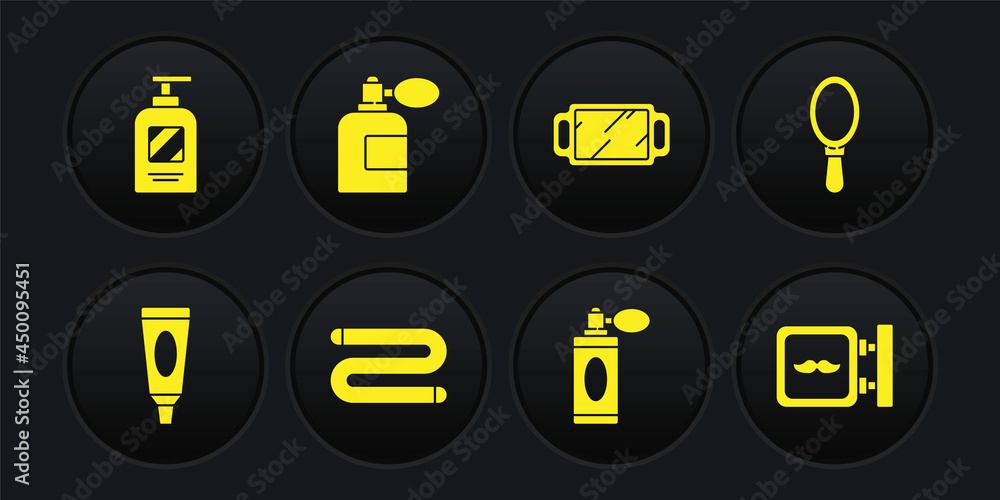 Set Cream or lotion cosmetic tube, Hand mirror, Towel, Aftershave bottle with atomizer, Barbershop and Bottle of shampoo icon. Vector Set Cream or lotion cosmetic tube, Hand mirror, Towel, Aftershave bottle with atomizer, Barbershop and Bottle of shampoo icon. Vector